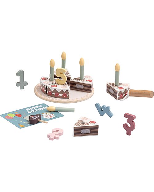 Tooky Toy Wooden Birthday Cake Play Set - ø 17 x 9.7 cm - From 18 Months - Includes 20 Pieces Wooden Food