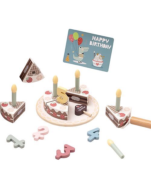 Tooky Toy Wooden Birthday Cake Play Set - ø 17 x 9.7 cm - From 18 Months - Includes 20 Pieces Wooden Food