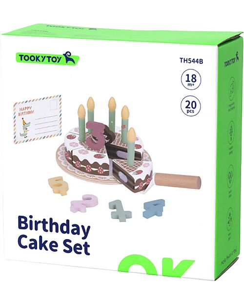 Tooky Toy Wooden Birthday Cake Play Set - ø 17 x 9.7 cm - From 18 Months - Includes 20 Pieces Wooden Food