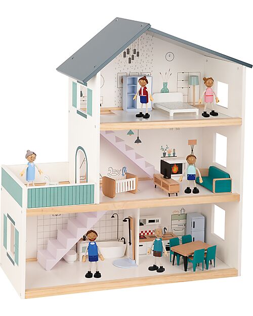 Tooky Toy Wooden Dollhouse - 31 Pieces - 63 x 22.5 x 69.8 cm - 3+ Years Dolls Houses