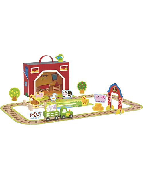 Tooky Toy Wooden Farm Set - Great for Travel Gaming - 29 x 9.5 x 21.5 cm - From 3 Years - Includes 35 Pieces Wooden Toy Cars, Trains & Trucks
