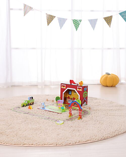 Tooky Toy Wooden Farm Set - Great for Travel Gaming - 29 x 9.5 x 21.5 cm - From 3 Years - Includes 35 Pieces Wooden Toy Cars, Trains & Trucks