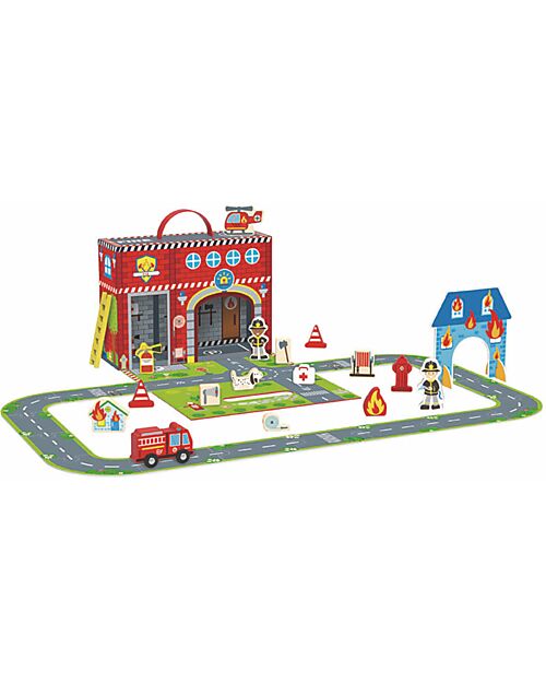 Tooky Toy Wooden Fire Station Set - Great for Travel Gaming - 29 x 9.5 x 21.5 cm - From 3 Years - Includes 35 Pieces Wooden Toy Cars, Trains & Trucks