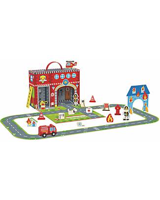 Tooky Toy Wooden Fire Station Set - Great for Travel Gaming - 29 x 9.5 x 21.5 cm - From 3 Years - Includes 35 Pieces Wooden Toy Cars, Trains & Trucks