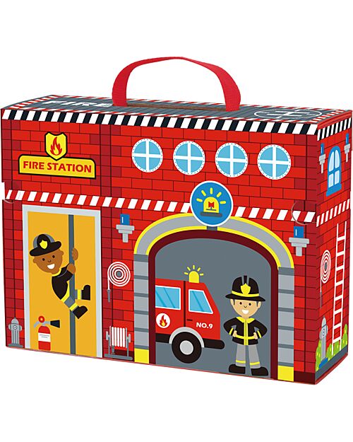 Tooky Toy Wooden Fire Station Set - Great for Travel Gaming - 29 x 9.5 x 21.5 cm - From 3 Years - Includes 35 Pieces Wooden Toy Cars, Trains & Trucks
