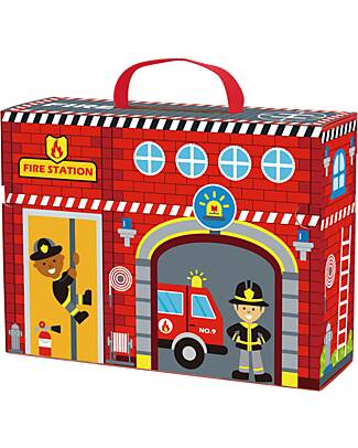 Tooky Toy Wooden Fire Station Set - Great for Travel Gaming - 29 x 9.5 x 21.5 cm - From 3 Years - Includes 35 Pieces Wooden Toy Cars, Trains & Trucks