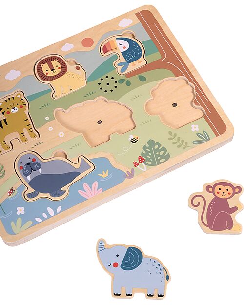 Tooky Toy Wooden Interlocking Sound Puzzle - Animals - 29.5 x 21.5 x 1.5 cm - 18m+ Wooden Stacking Toys