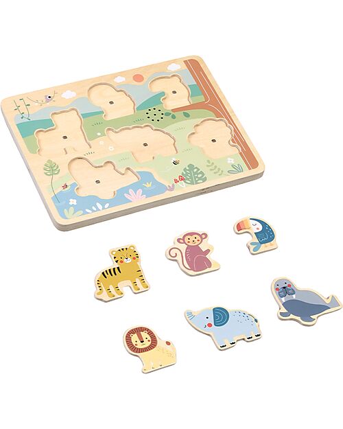 Tooky Toy Wooden Interlocking Sound Puzzle - Animals - 29.5 x 21.5 x 1.5 cm - 18m+ Wooden Stacking Toys