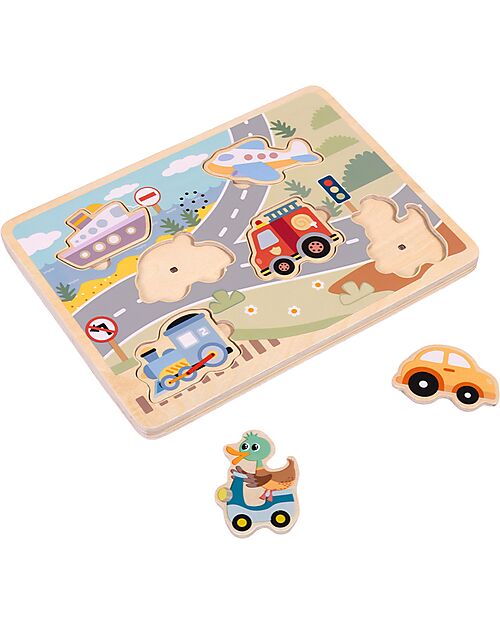 Tooky Toy Wooden Interlocking Sound Puzzle - Vehicles - 29.5 x 21.5 x 1.5 cm - 18m+ Wooden Stacking Toys