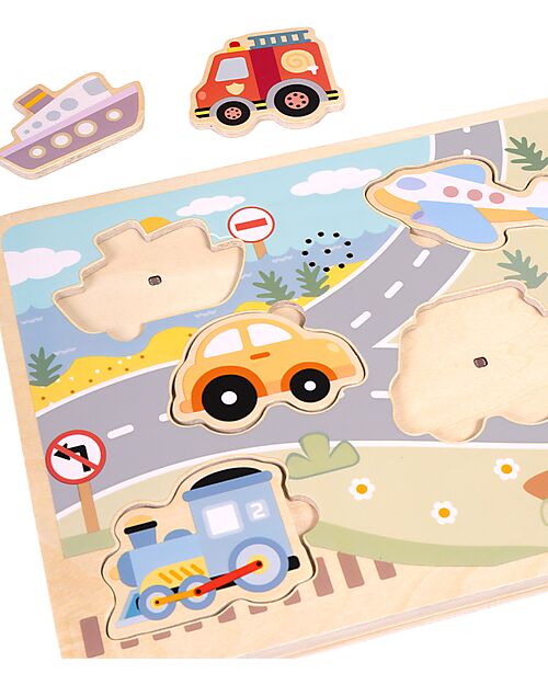 Tooky Toy Wooden Interlocking Sound Puzzle - Vehicles - 29.5 x 21.5 x 1.5 cm - 18m+ Wooden Stacking Toys