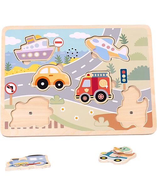 Tooky Toy Wooden Interlocking Sound Puzzle - Vehicles - 29.5 x 21.5 x 1.5 cm - 18m+ Wooden Stacking Toys