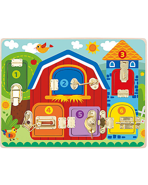 Tooky Toy Wooden Multiactivity Panel - Latches - 40 x 30 x 3.5 cm - 3+ Years Sensory Games_