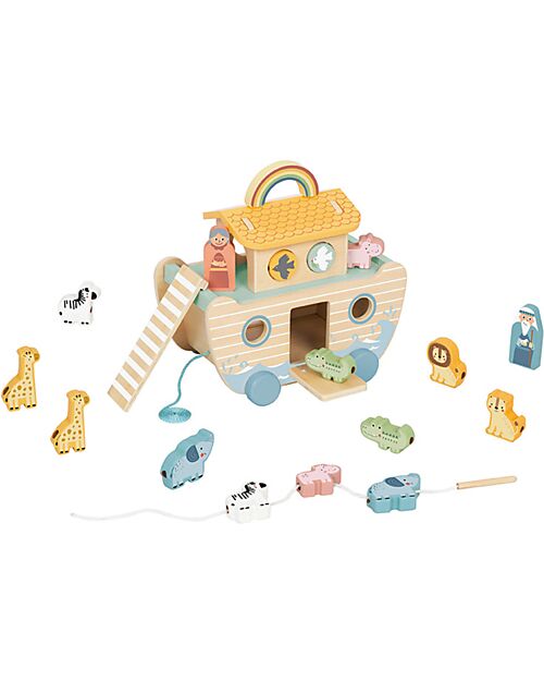 Tooky Toy Wooden Noah’s Ark - 26 x 17 x 20.5 cm - From 24 Months - Includes 22 Pieces Wooden Animals