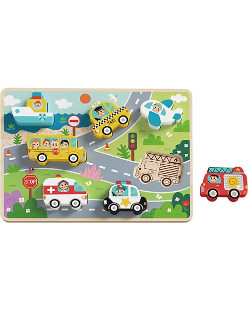 Tooky Toy Wooden Peg Puzzle - Transportation - 29.5 x 21 cm - From 12 Months Wooden Stacking Toys