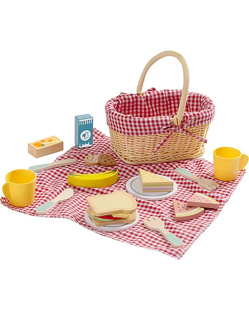 Tooky Toy Wooden Picnic Basket - 23 Pieces - 22 x 15 x 25 cm - 3+ Years Wooden Food