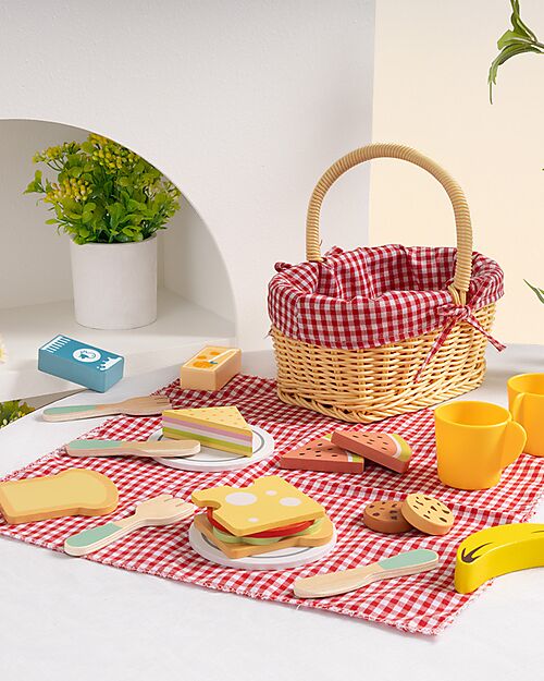 Tooky Toy Wooden Picnic Basket - 23 Pieces - 22 x 15 x 25 cm - 3+ Years Wooden Food