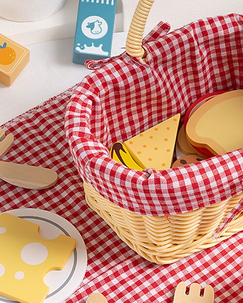 Tooky Toy Wooden Picnic Basket - 23 Pieces - 22 x 15 x 25 cm - 3+ Years Wooden Food