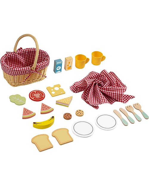 Tooky Toy Wooden Picnic Basket - 23 Pieces - 22 x 15 x 25 cm - 3+ Years Wooden Food