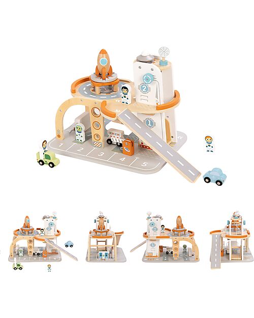 Tooky Toy Wooden Space Station - 39.5 x 29.5 x 29 cm - From 3 Years - Includes 14 Pieces Wooden Toy Cars, Trains & Trucks