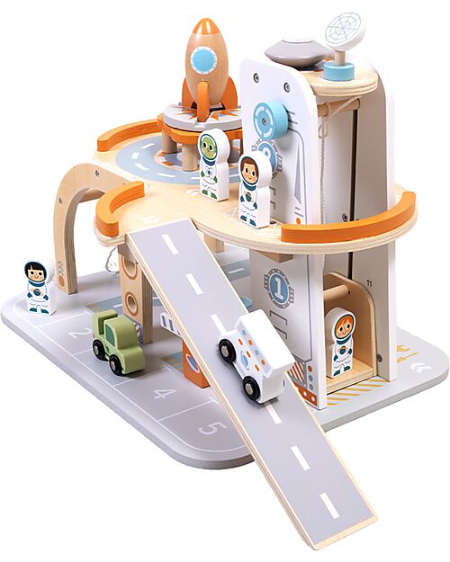 Tooky Toy Wooden Space Station - 39.5 x 29.5 x 29 cm - From 3 Years - Includes 14 Pieces Wooden Toy Cars, Trains & Trucks