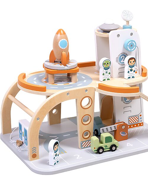 Tooky Toy Wooden Space Station - 39.5 x 29.5 x 29 cm - From 3 Years - Includes 14 Pieces Wooden Toy Cars, Trains & Trucks