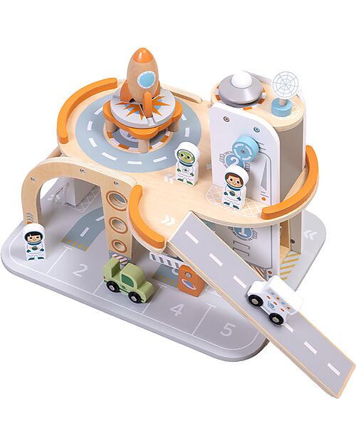 Tooky Toy Wooden Space Station - 39.5 x 29.5 x 29 cm - From 3 Years - Includes 14 Pieces Wooden Toy Cars, Trains & Trucks