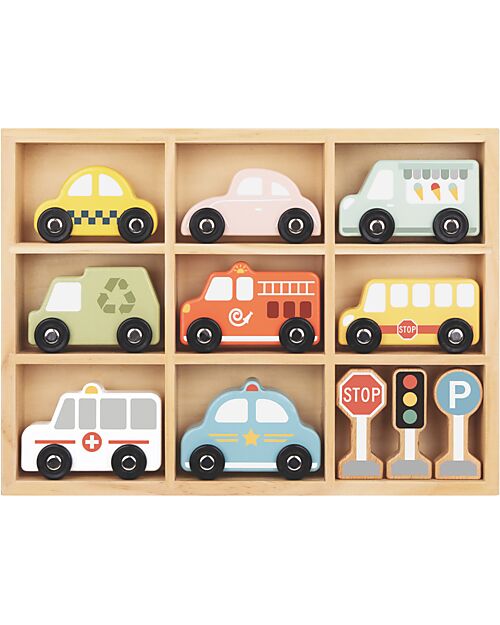 Tooky Toy Wooden Traffic Signs and Transportation Set - 30 x 22 x 4.3 cm - From 3 Years - Includes 12 Pieces Wooden Toy Cars, Trains & Trucks