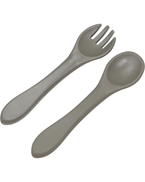 Tryco Baby Spoon and Fork Set - Olive Gray - Silicone Cutlery