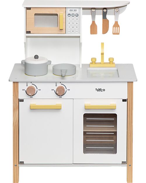 Tryco Baby Wooden Toy Kitchen - White/Gold - Non-toxic Water Paints - 3+ Years Toy Kitchens