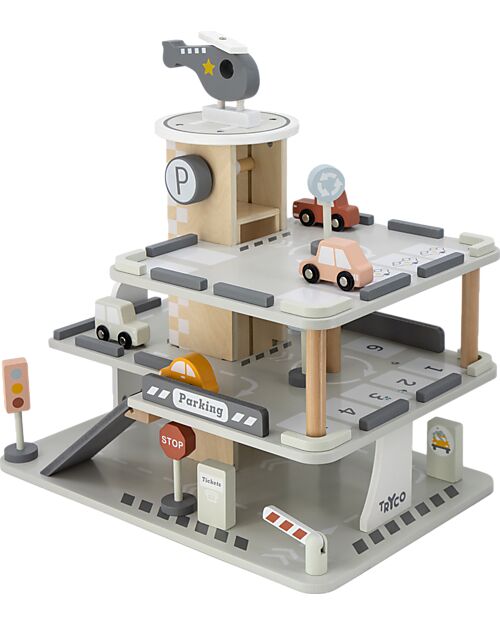 Tryco Baby Wooden Toy Parking - Includes 1 Helicopter, 4 Toy Cars and 4 Signs - 3+ Years Wooden Toy Cars, Trains & Trucks