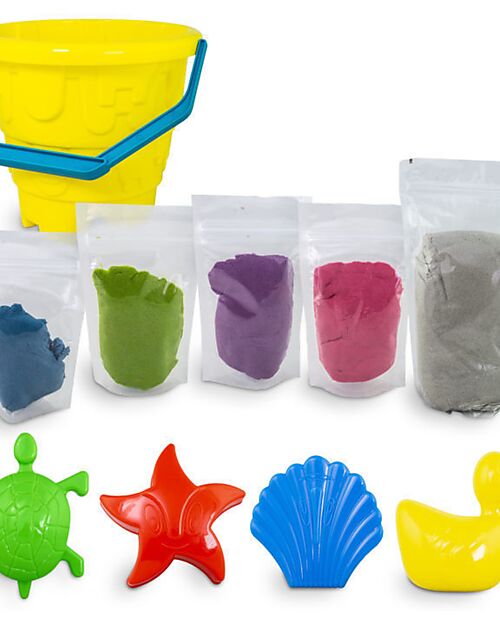 Tuban Dynamic Sand Set - 5 Colours with Bucket and 4 Moulds - 1.5 kg - 3+ years Sensory Games_
