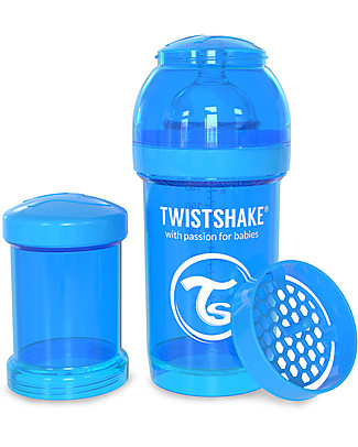 Twistshake Anti-Colic Baby Bottle 180 ml Teat S, Blu Cookiecrumb - Includes formula container and mixing net. BPA, BPS and BPF-free! Anti-Colic Baby Bottles