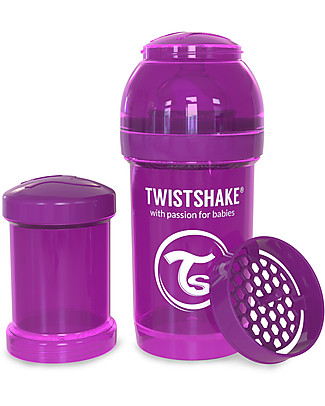 Twistshake Anti-Colic Baby Bottle 180 ml Teat S, Purple Bestie - Includes formula container and mixing net. BPA, BPS and BPF-free! Anti-Colic Baby Bottles