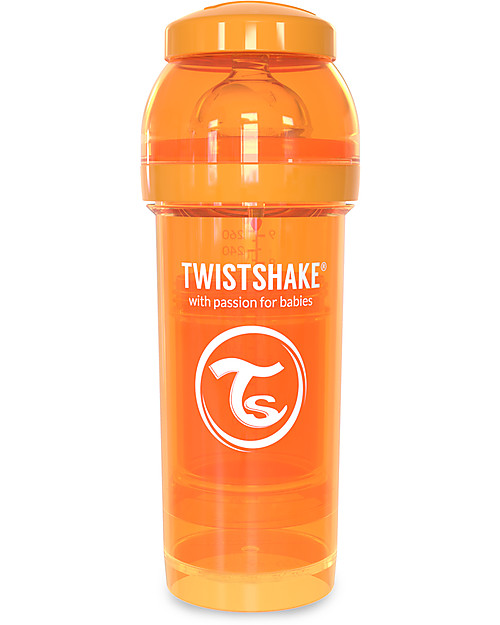 Twistshake Anti-Colic Baby Bottle 260 ml Teat M, Orange Sunbeam - Includes formula container and mixing net. BPA, BPS and BPF-free! Baby Bottles