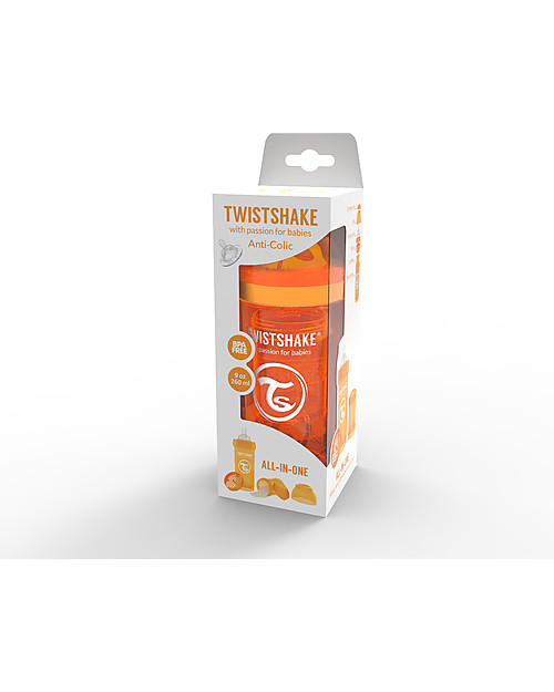 Twistshake Anti-Colic Baby Bottle 260 ml Teat M, Orange Sunbeam - Includes formula container and mixing net. BPA, BPS and BPF-free! Baby Bottles