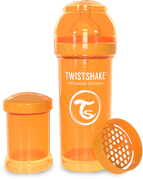Twistshake Anti-Colic Baby Bottle 260 ml Teat M, Orange Sunbeam - Includes formula container and mixing net. BPA, BPS and BPF-free! Baby Bottles