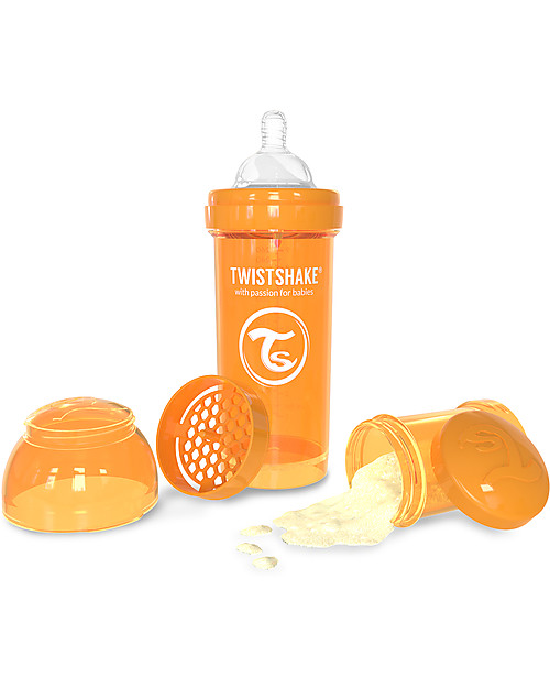 Twistshake Anti-Colic Baby Bottle 260 ml Teat M, Orange Sunbeam - Includes formula container and mixing net. BPA, BPS and BPF-free! Baby Bottles