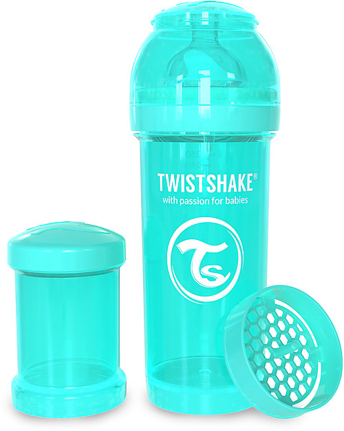 Twistshake Anti-Colic Baby Bottle 260 ml Teat M, Turquoise Sleepyhead - Includes formula container and mixing net. BPA, BPS and BPF-free! Baby Bottles