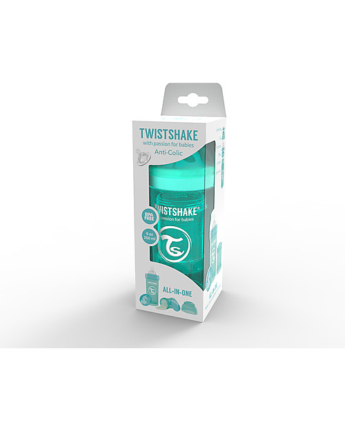 Twistshake Anti-Colic Baby Bottle 260 ml Teat M, Turquoise Sleepyhead - Includes formula container and mixing net. BPA, BPS and BPF-free! Baby Bottles