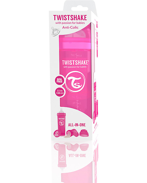 Twistshake Anti-Colic Baby Bottle 330 ml Teat L, Pink - Includes formula container and mixing net. BPA, BPS and BPF-free! Baby Bottles
