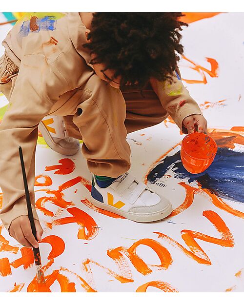 Veja Small V-12 Velcro Chromefree Leather Sneakers - Extra White Multico Indigo Sneakers