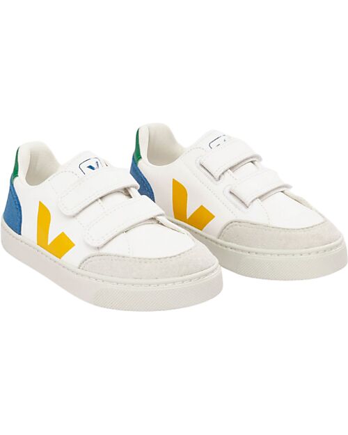 Veja Small V-12 Velcro Chromefree Leather Sneakers - Extra White Multico Indigo Sneakers