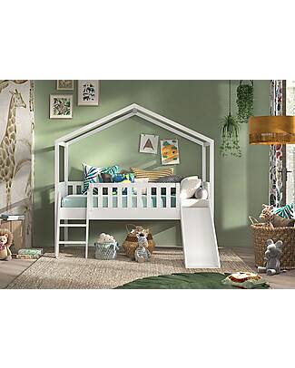 Vipack Dallas Casetta Bed - White - 90 x 200 cm - with Slide - Scandinavian Pine - with Slats Included Single Bed