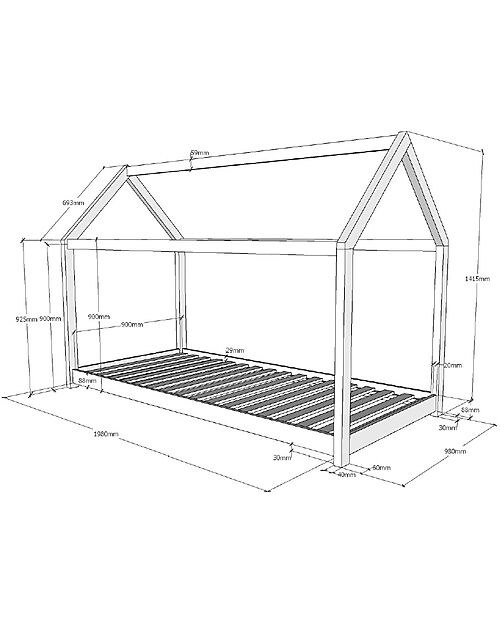 Vipack Montessori Bed Cabane - Solid Pine Wood - 90 x 200 cm - Slats Included - White Montessori Beds