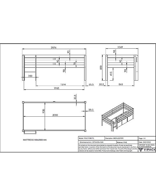 Vipack Pine Intermediate Bed - Gray - 90 x 200 cm - Solid Wood - with Slats Included Single Bed