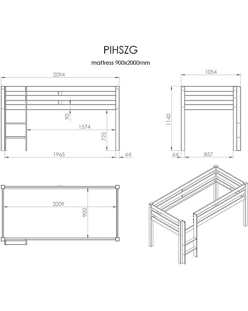Vipack Pine Loft Bed - White - 90 x 200 cm - Solid Pine - with Slats Included Single Bed