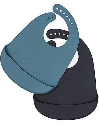 We Might Be Tiny Set of 2 Silicone Catchie Bibs, Blue Dusk/Charcoal - BPA free! Waterproof Bibs