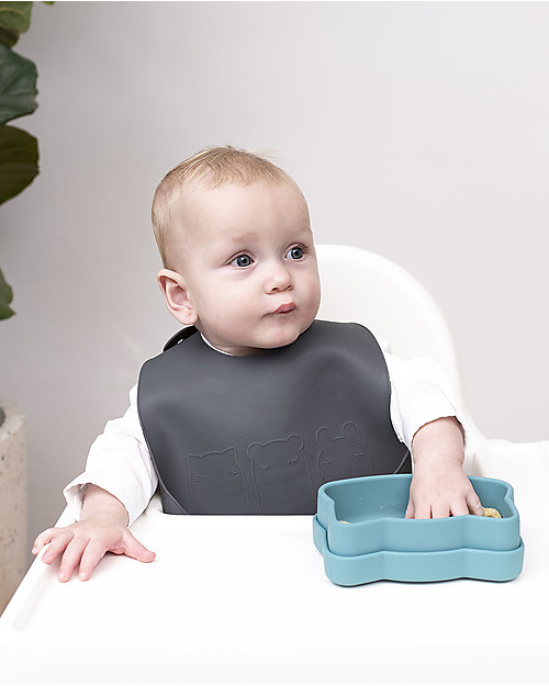 We Might Be Tiny Set of 2 Silicone Catchie Bibs, Blue Dusk/Charcoal - BPA free! Waterproof Bibs