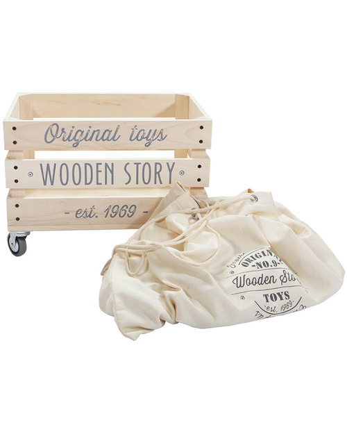 Wooden Story Wooden Storage Crate on Wheels + Thick cotton sack Toy Storage Boxes