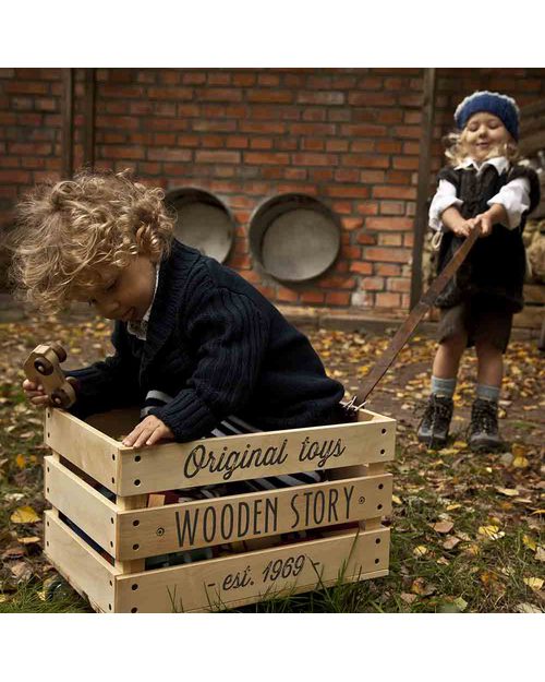 Wooden Story Wooden Storage Crate on Wheels + Thick cotton sack Toy Storage Boxes